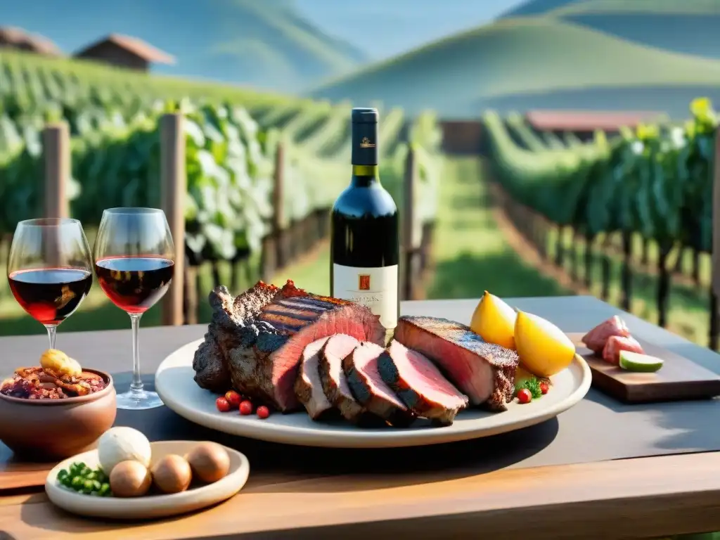 Un maridaje perfecto: mesa con vinos uruguayos y asado, colores y sabores en armonía en una viña bajo cielo azul