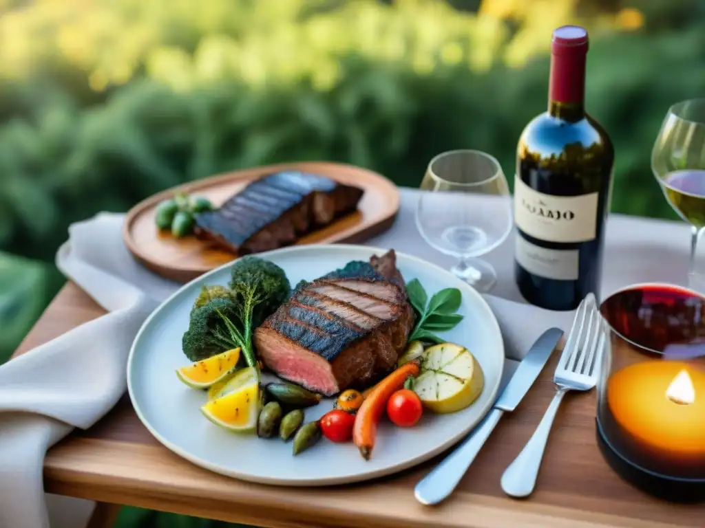 Maridaje perfecto con merlot uruguayo: mesa de asado al aire libre con delicias a la parrilla y vino