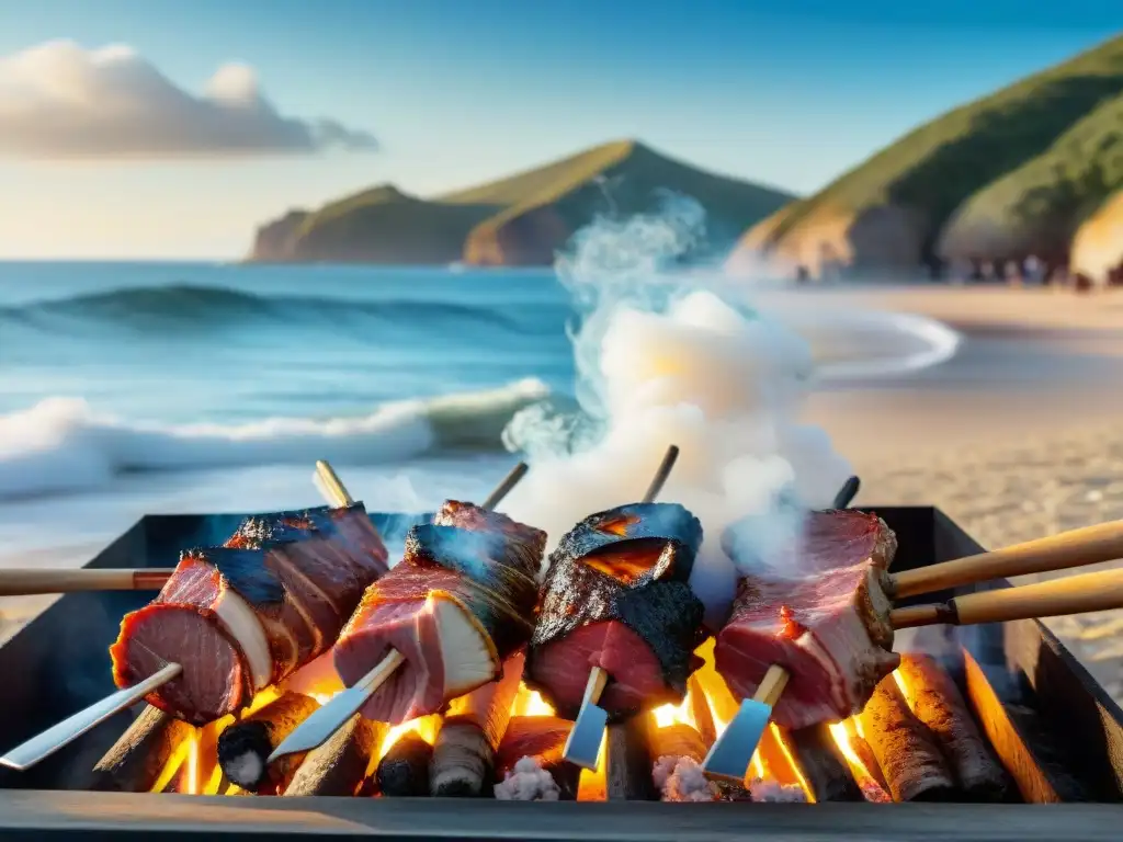 Maridaje de sabores asado en la costa uruguaya: chefs locales preparan una parrillada en la playa, con el mar de fondo