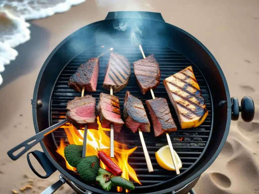 Maridaje de sabores asado costa uruguaya: parrilla humeante en la playa con carne marinada y olas al fondo