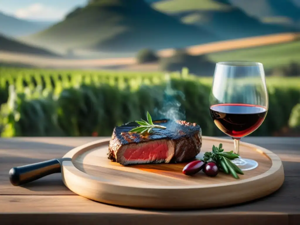 Maridaje tannat asado uruguayo: Escena campestre con mesa rústica, carne jugosa y vino Tannat en Uruguay