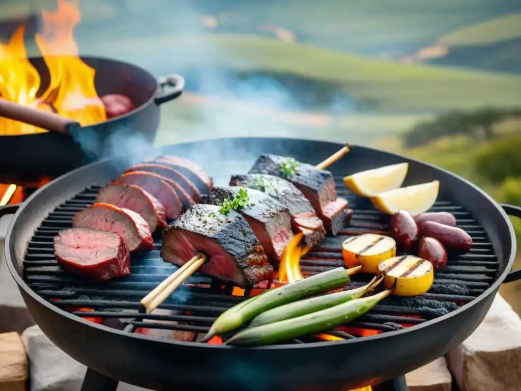 Maridaje tannat asado uruguayo: Delicioso asado uruguayo cocinándose en parrilla, acompañado de vino Tannat