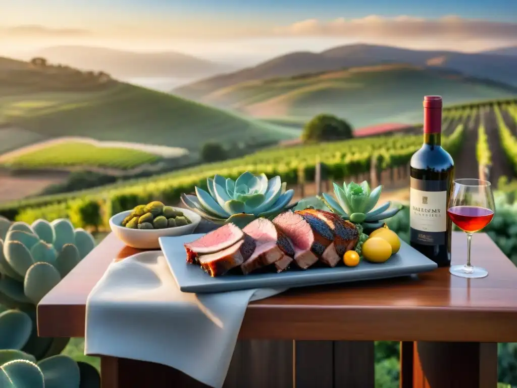 Maridaje de Tannat con asado uruguayo en mesa rústica al atardecer