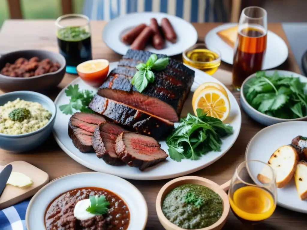 Maridaje tradicional para asado uruguayo: Un festín de carnes a la parrilla, chimichurri, ensaladas y vinos en una mesa rústica al atardecer