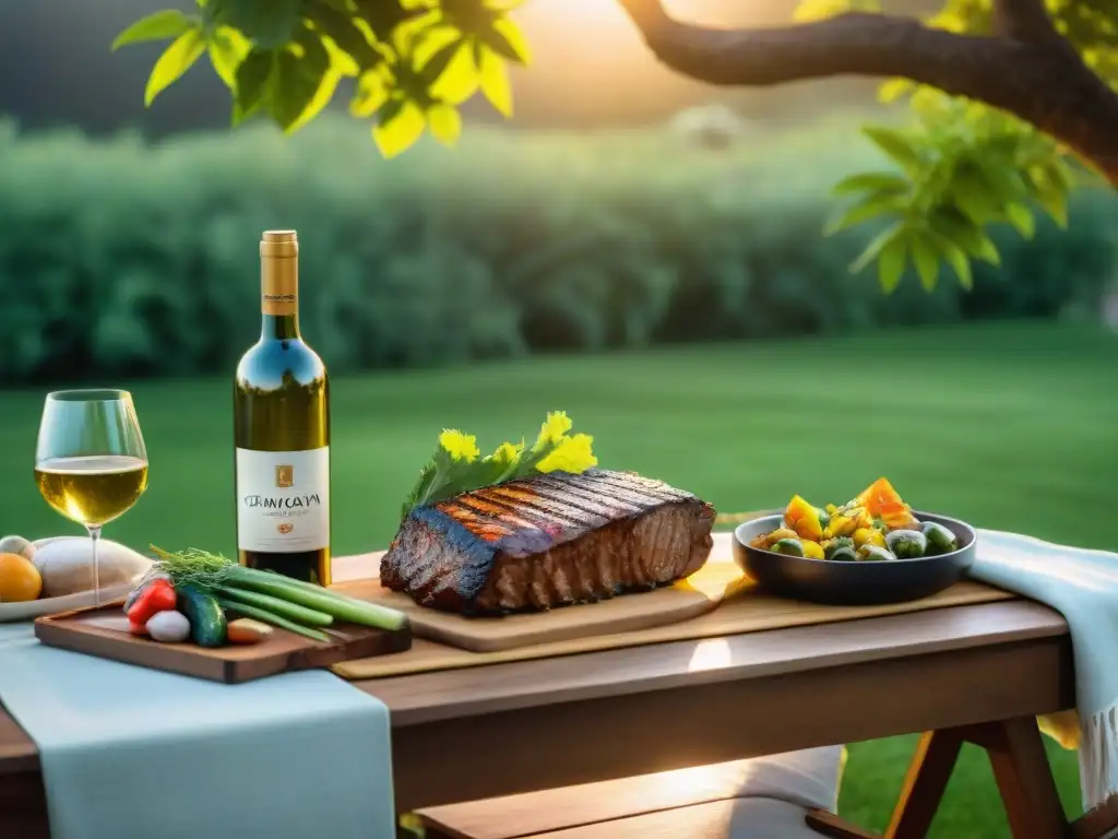 Maridaje chardonnay uruguayo asado: mesa elegante al aire libre con vino y comida a la parrilla al atardecer en un jardín exuberante