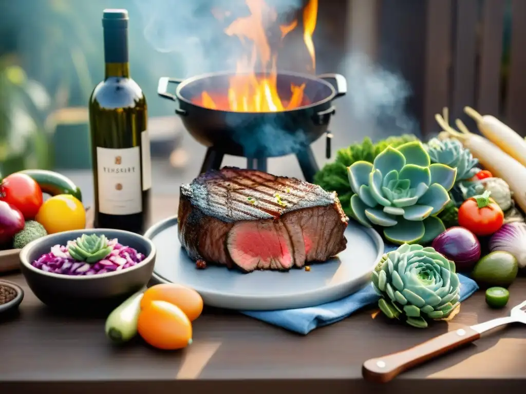 Maridaje con merlot uruguayo: Una mesa al aire libre con una parrilla y un suculento filete rodeado de vegetales coloridos y una botella de vino