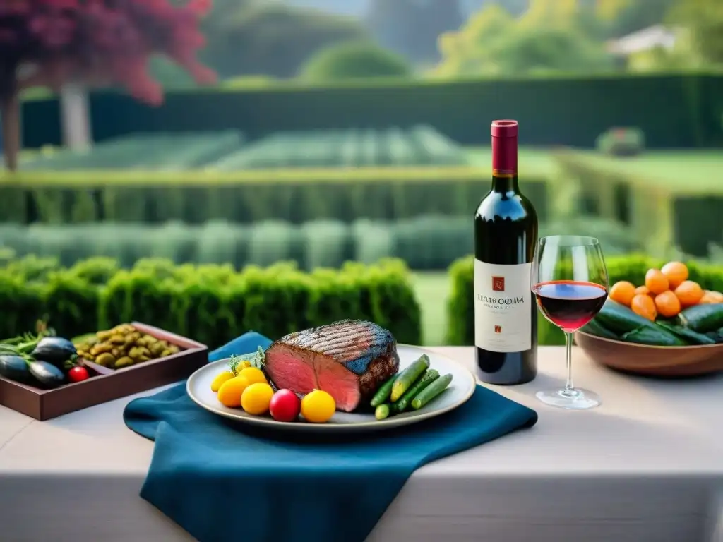 Maridaje con merlot uruguayo: Mesa de jardín con vino, carnes y vegetales a la parrilla