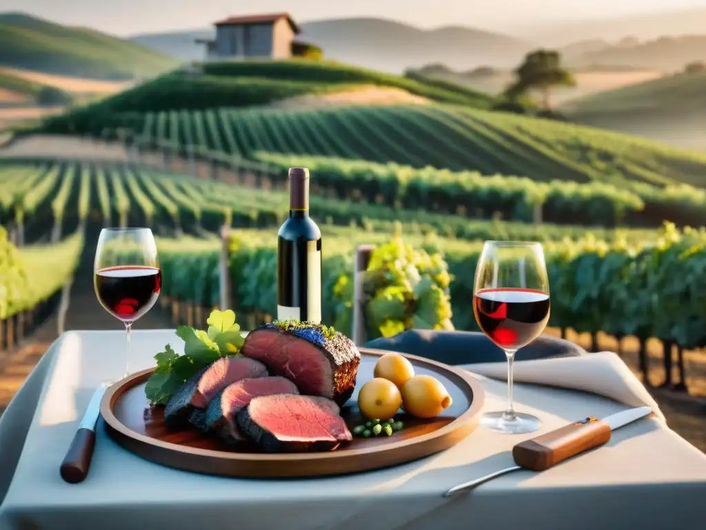 Maridaje de vino y asado uruguayo en viñedo al atardecer