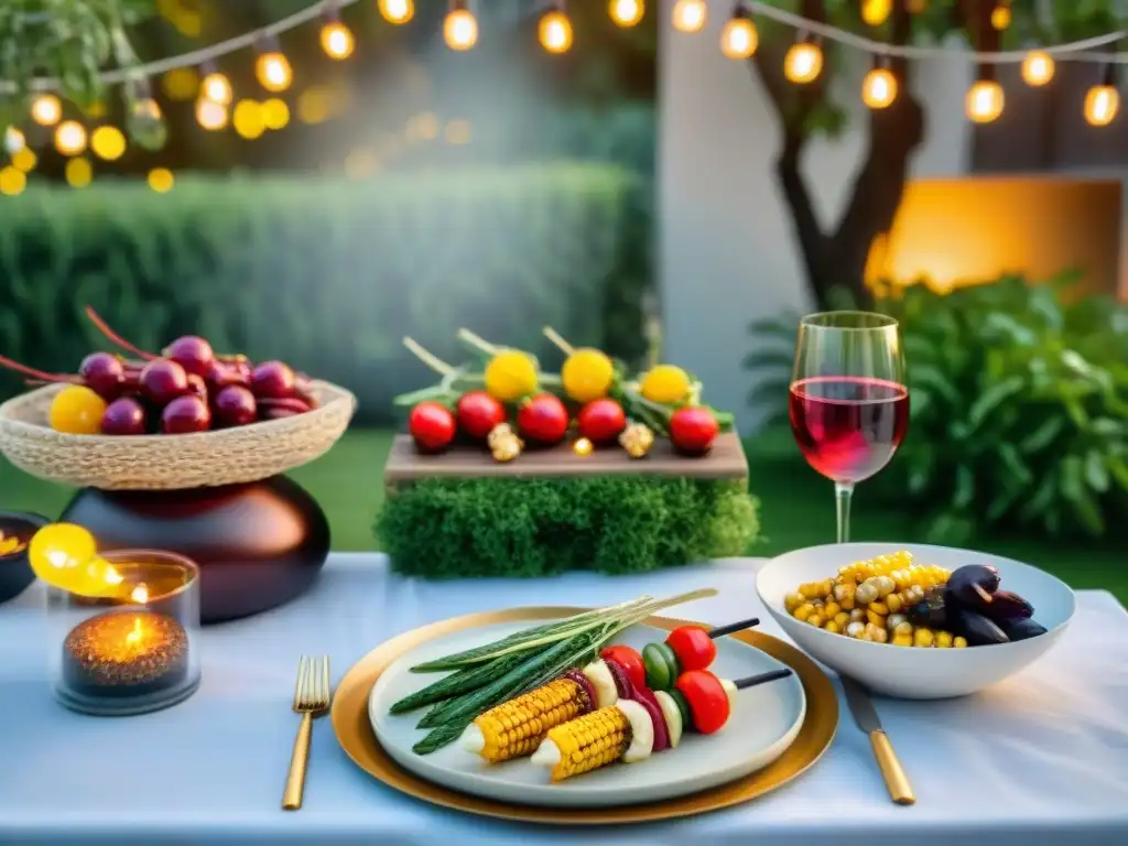 Maridaje de vino asado vegano en mesa elegante con copas y alimentos coloridos en jardín iluminado