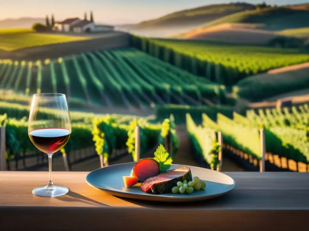 Maridaje de vino uruguayo y carne en viñedo al atardecer, lujo culinario