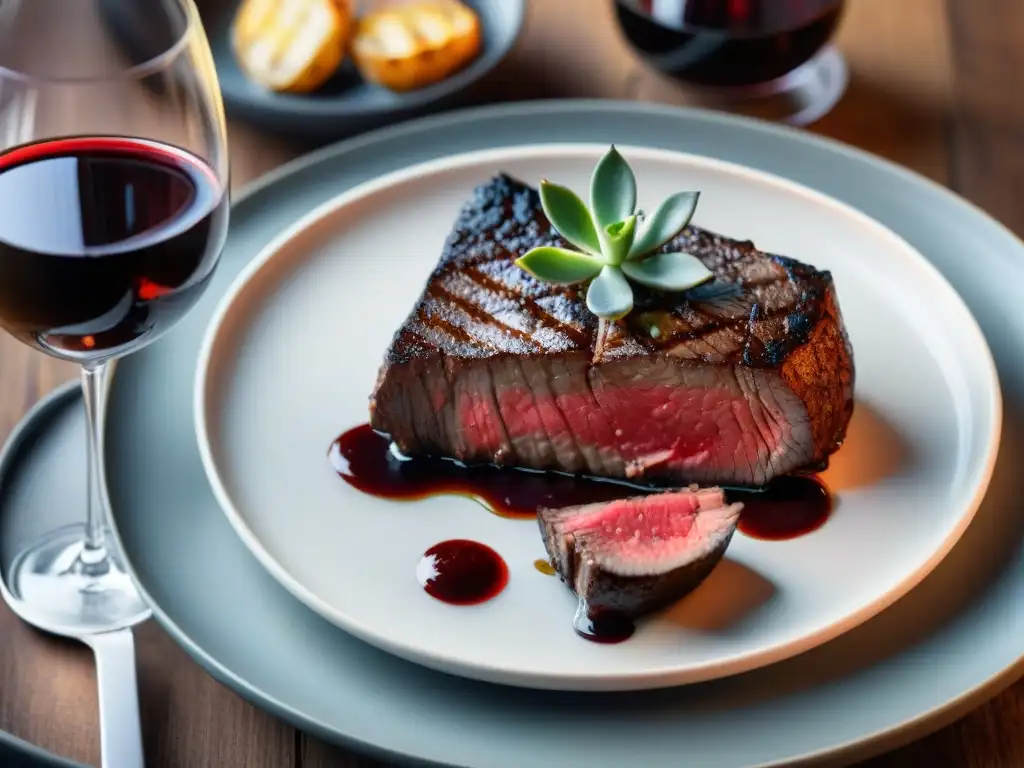 Maridaje vinos cortes carne asado: Imagen realista de un filete asado junto a un vino tinto, en una mesa de madera rústica