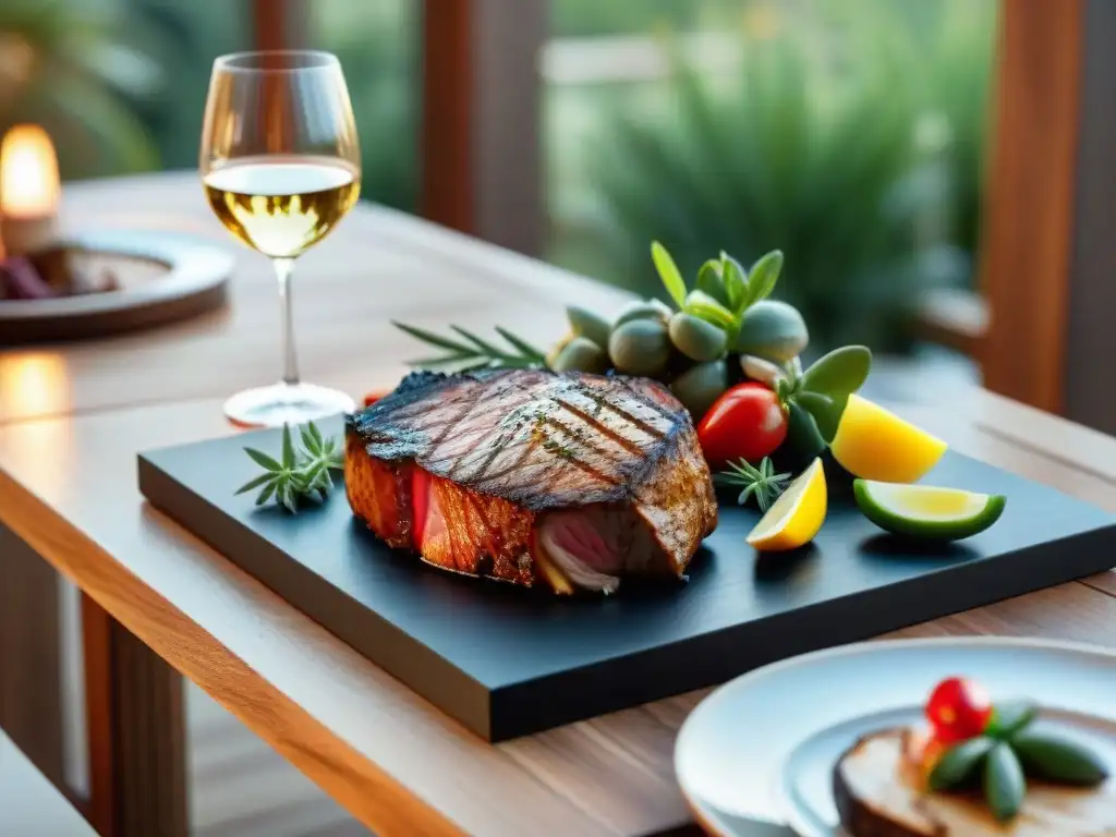 Maridaje vinos cortes carne asado en mesa elegante con vajilla y decoración refinada