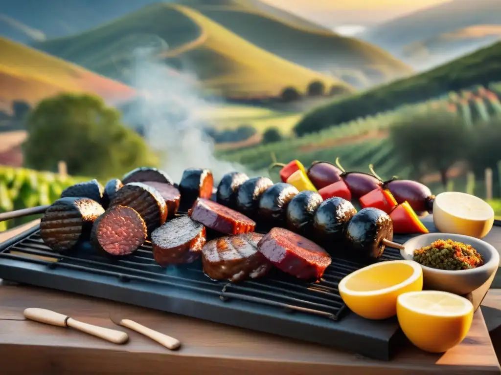 Maridaje vinos asado uruguayo en un asado tradicional con carnes a la parrilla, chorizos y paisaje campestre al atardecer