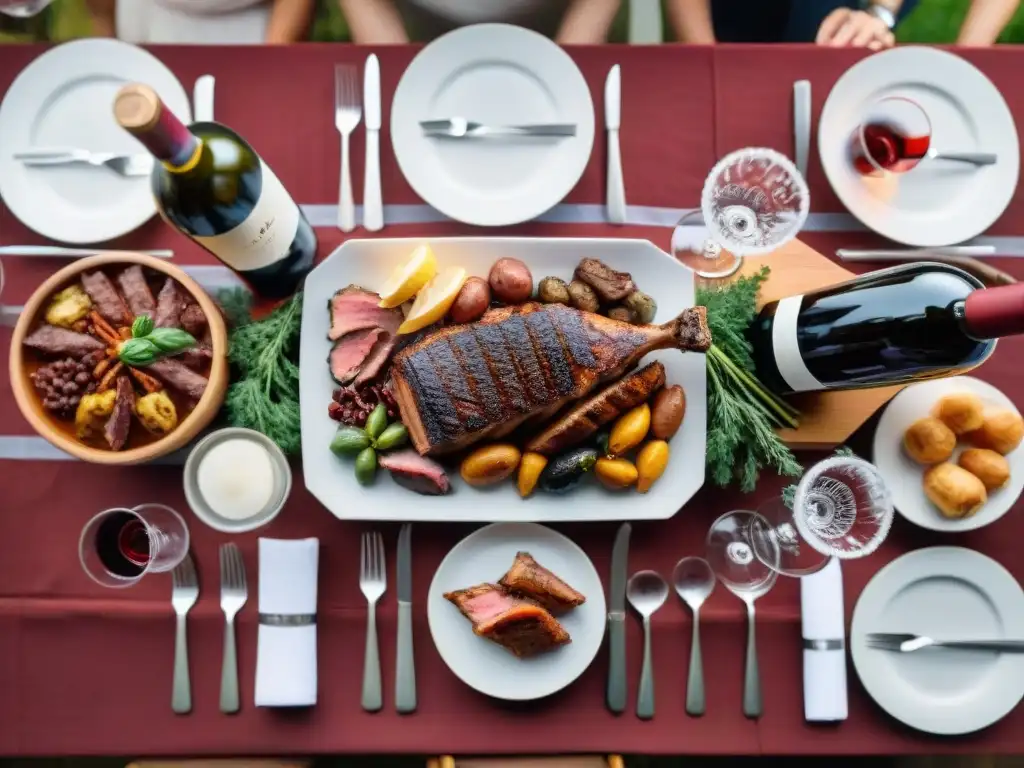 Maridaje vinos asado uruguayo: Mesa elegante con carnes asadas y copas de vino tinto, bañada en cálida luz dorada