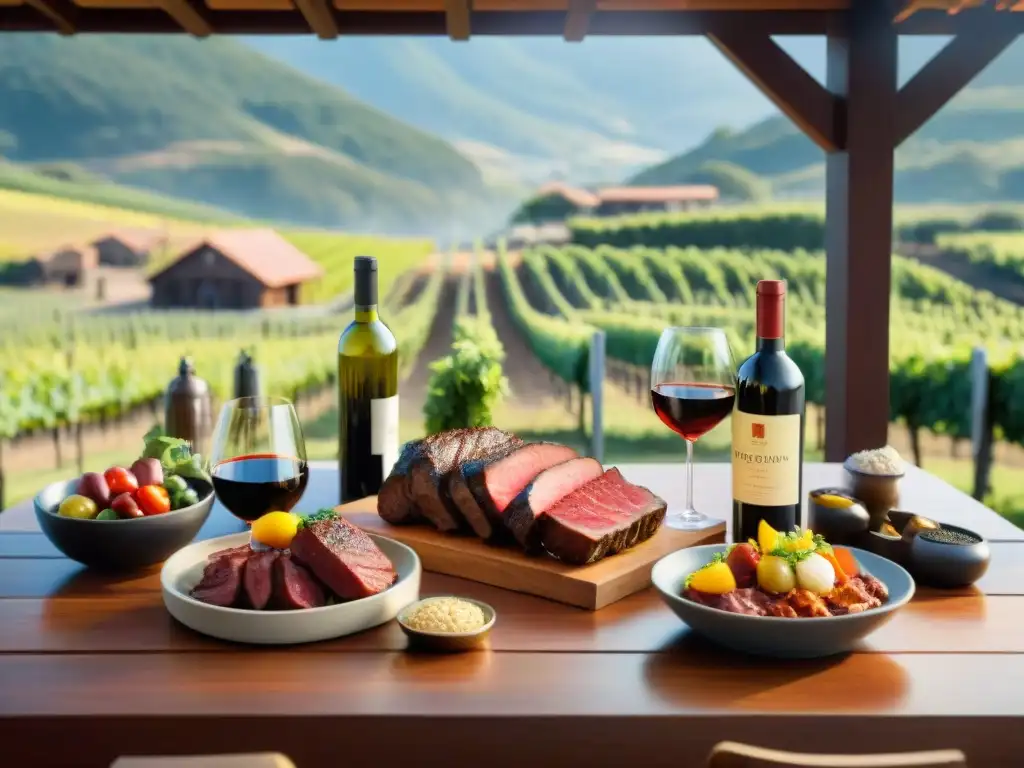 Maridaje de vinos y asado uruguayo en mesa de madera rústica al atardecer