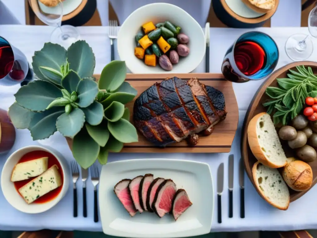 Delicioso asado uruguayo con vinos jóvenes y suculentas carnes Maridaje vinos asado uruguayo preferido: mesa con vinos jóvenes, carnes a la parrilla, verduras frescas y pan artesanal