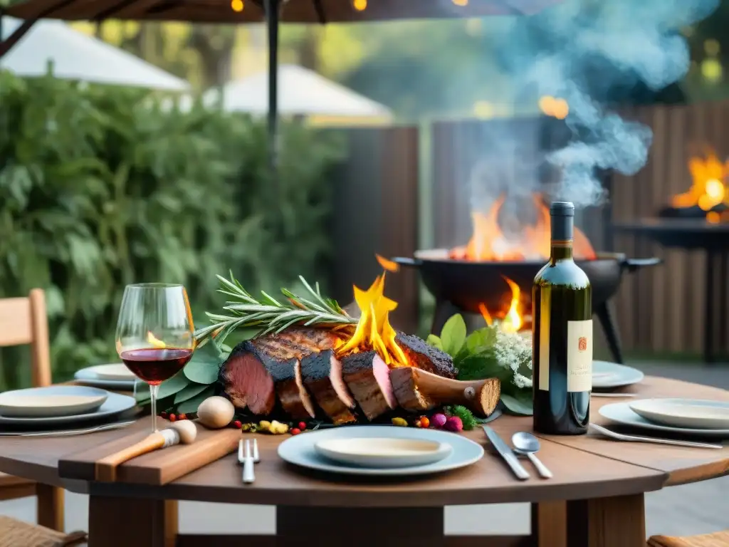 Maridaje de vinos y asado uruguayo en jardín exuberante con mesa elegante y comida sizzling en parrilla