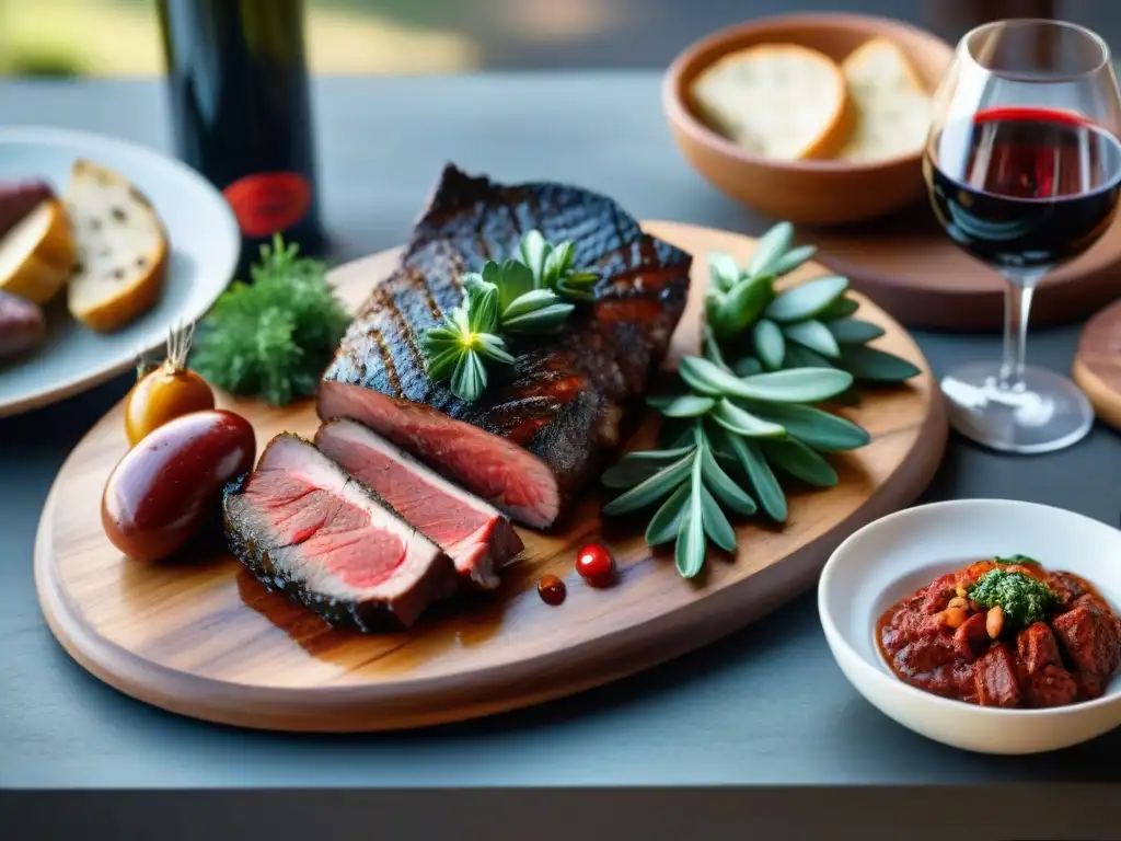 Maridaje de vinos para asado uruguayo: mesa rústica con deliciosas carnes, chimichurri, pan y vinos tintos elegantes al sol