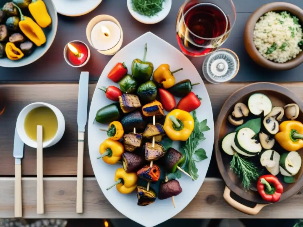 Maridaje de vinos en asado vegetariano en Uruguay con variedad de platos y vinos en mesa elegante