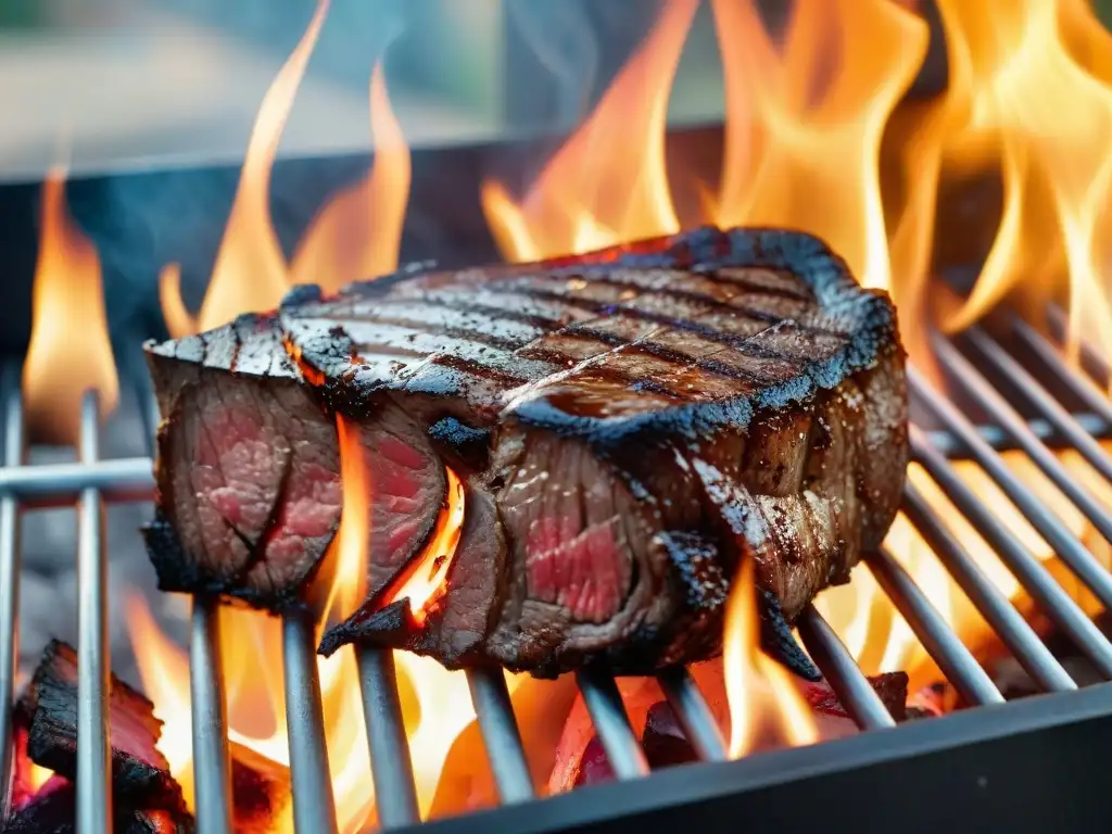 Maridaje vinos para asados premium: Un exquisito filete a la parrilla con un elegante vino tinto, rodeado de llamas vibrantes