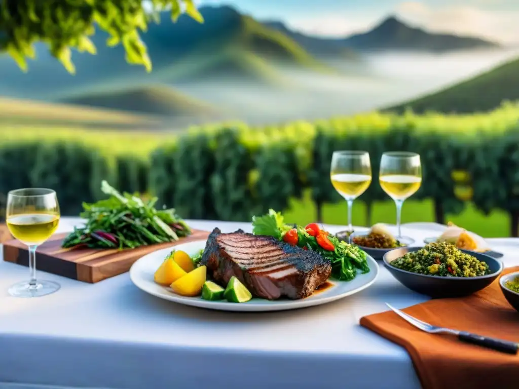 Maridaje vinos blancos asado uruguayo en mesa al aire libre con botellas, copas y deliciosa comida