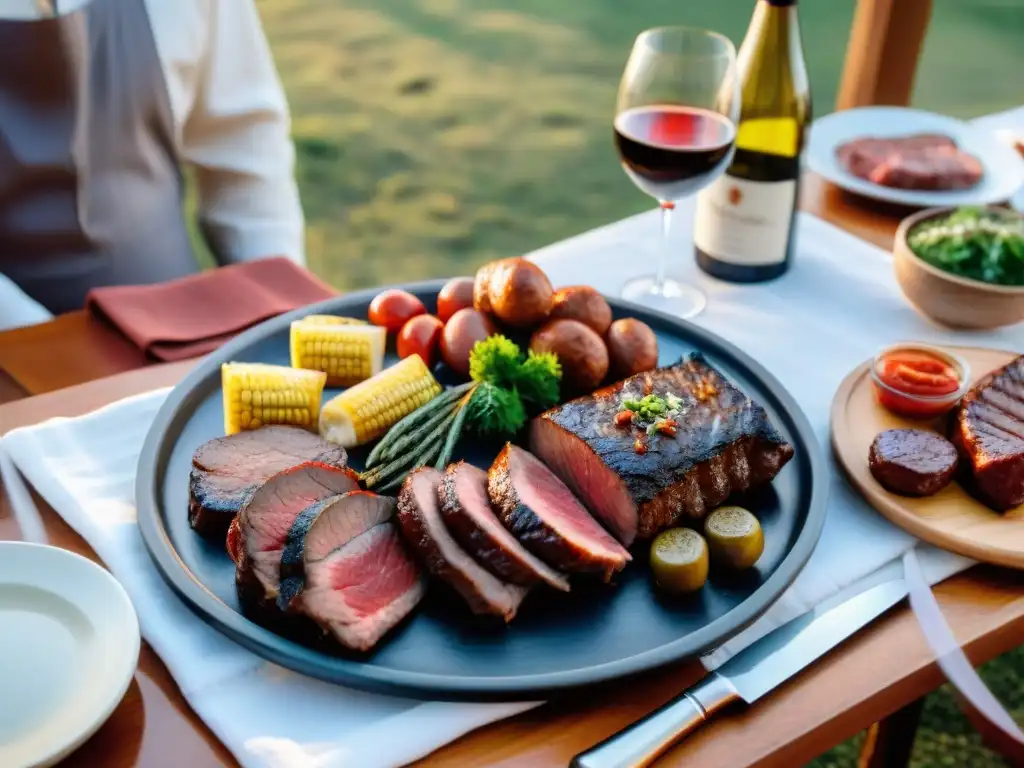 Maridaje de vinos y carnes en un asado uruguayo, mesa abundante y ambiente cálido al atardecer