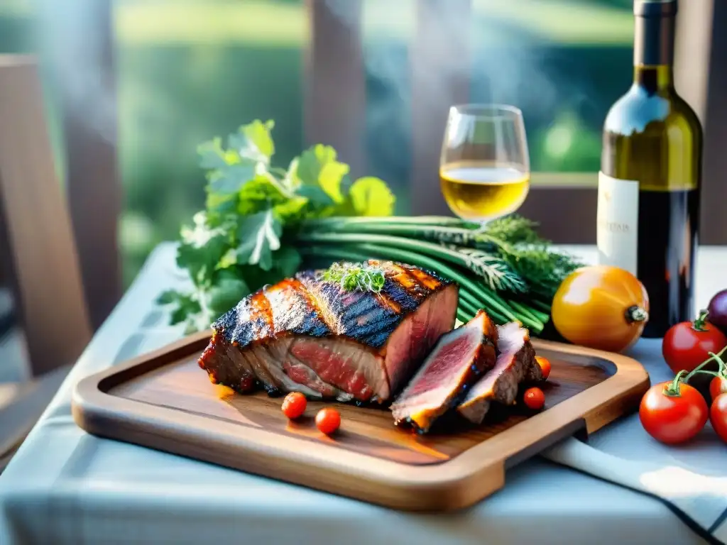 Maridaje de vinos jóvenes con asado uruguayo en mesa de madera al aire libre al sol