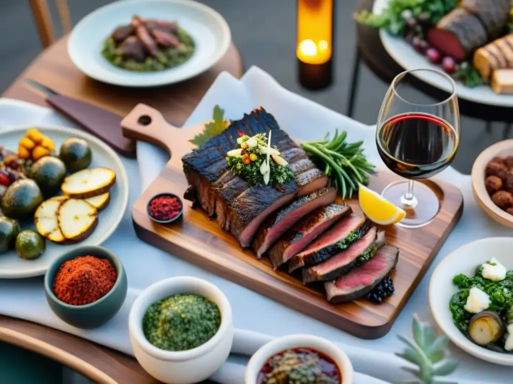 Maridaje vinos jóvenes asado uruguayo: mesa elegante con vinos reserva y suculento asado, ambiente acogedor