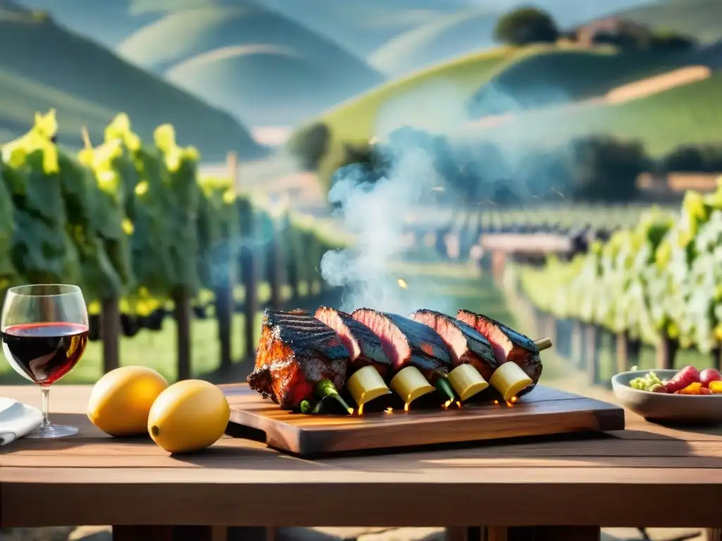 Maridaje de vinos naturales con asado uruguayo bajo el sol en mesa rústica de madera