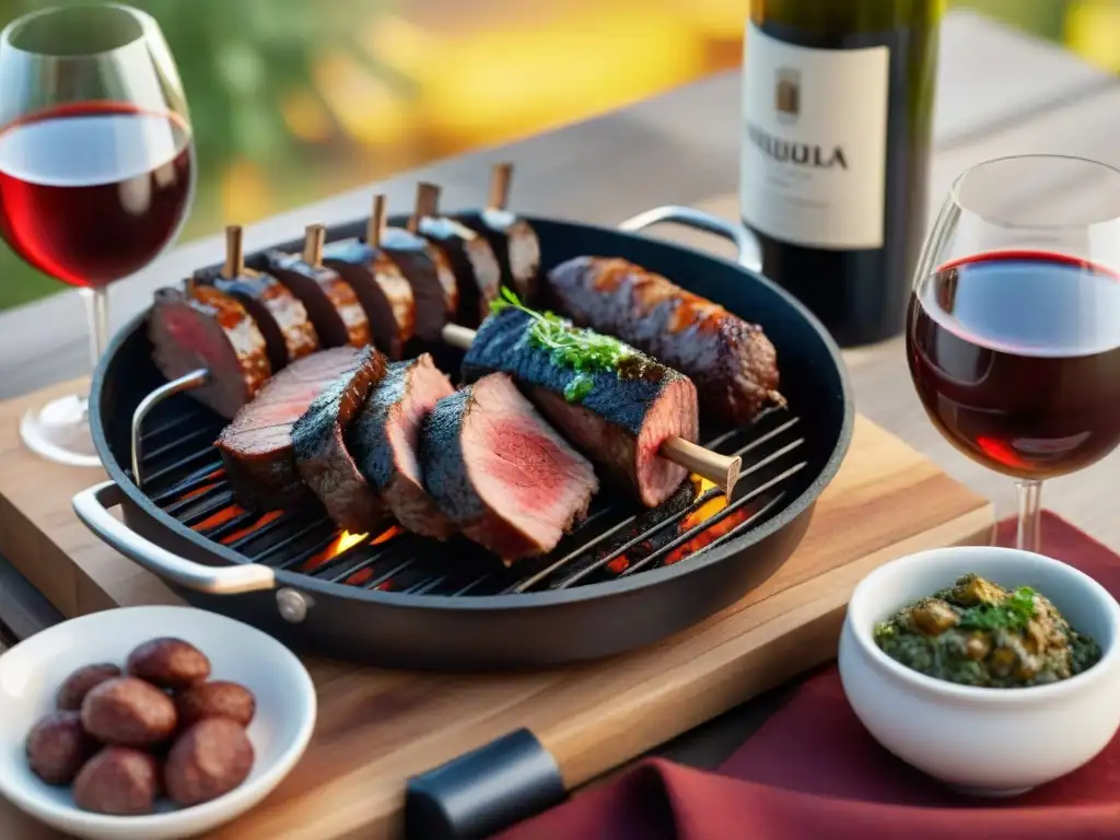 Maridaje de vinos naturales con asado uruguayo: mesa rústica con carnes a la parrilla, vinos de Uruguay y chimichurri