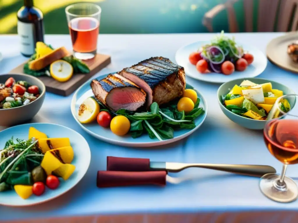 Maridaje vinos rosados asado verano en mesa elegante al aire libre con comida y vino