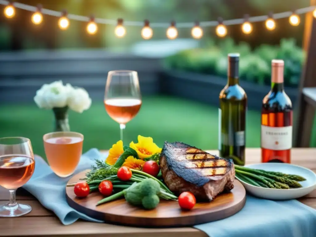 Maridaje de vinos rosados en una barbacoa de verano con asado y vegetales a la parrilla, mesa elegante y luces brillantes