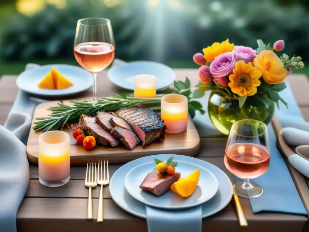 Maridaje de vinos rosados con cortes de carne a la parrilla en una mesa de verano bellamente decorada al aire libre