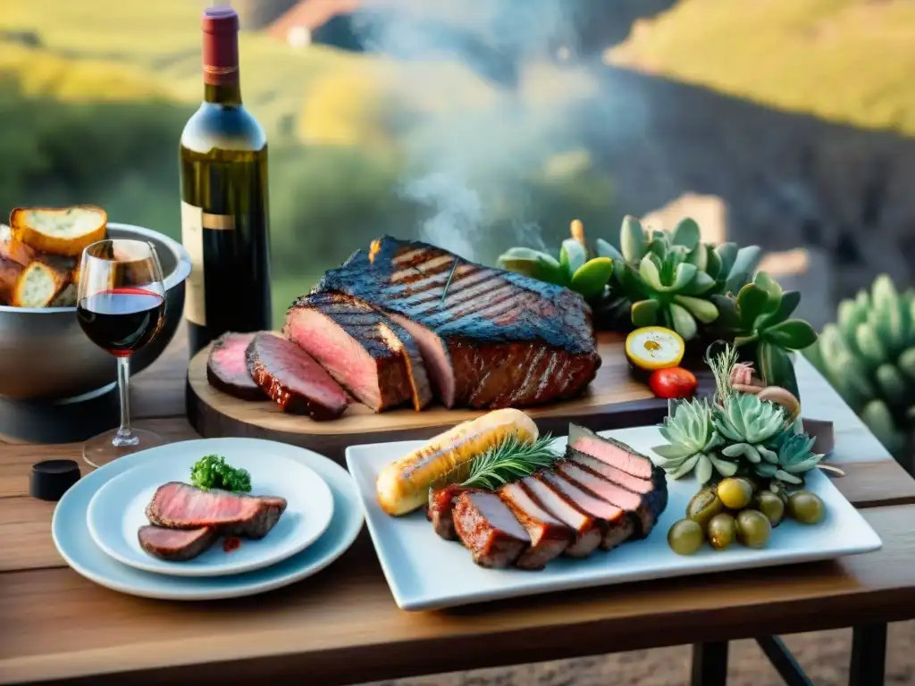 Maridaje de vinos uruguayos con asado perfecto en mesa rústica elegantemente decorada