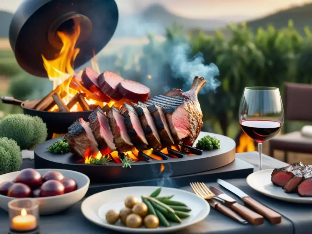 Maridaje de vinos uruguayos asado en escena vibrante con carnes suculentas a la parrilla y copas de Tannat al atardecer