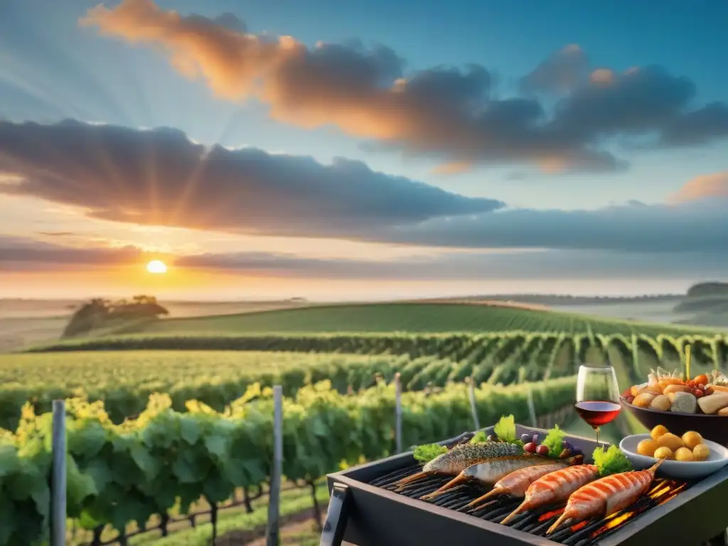 Maridaje de vinos uruguayos con asados de pescado al atardecer en viñedo pintoresco