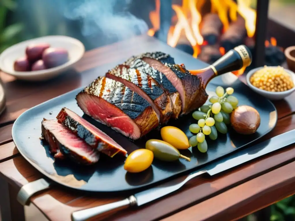 Maridaje vinos uruguayos parrillada: Mesa rústica con vinos y carnes asadas al sol, una combinación perfecta