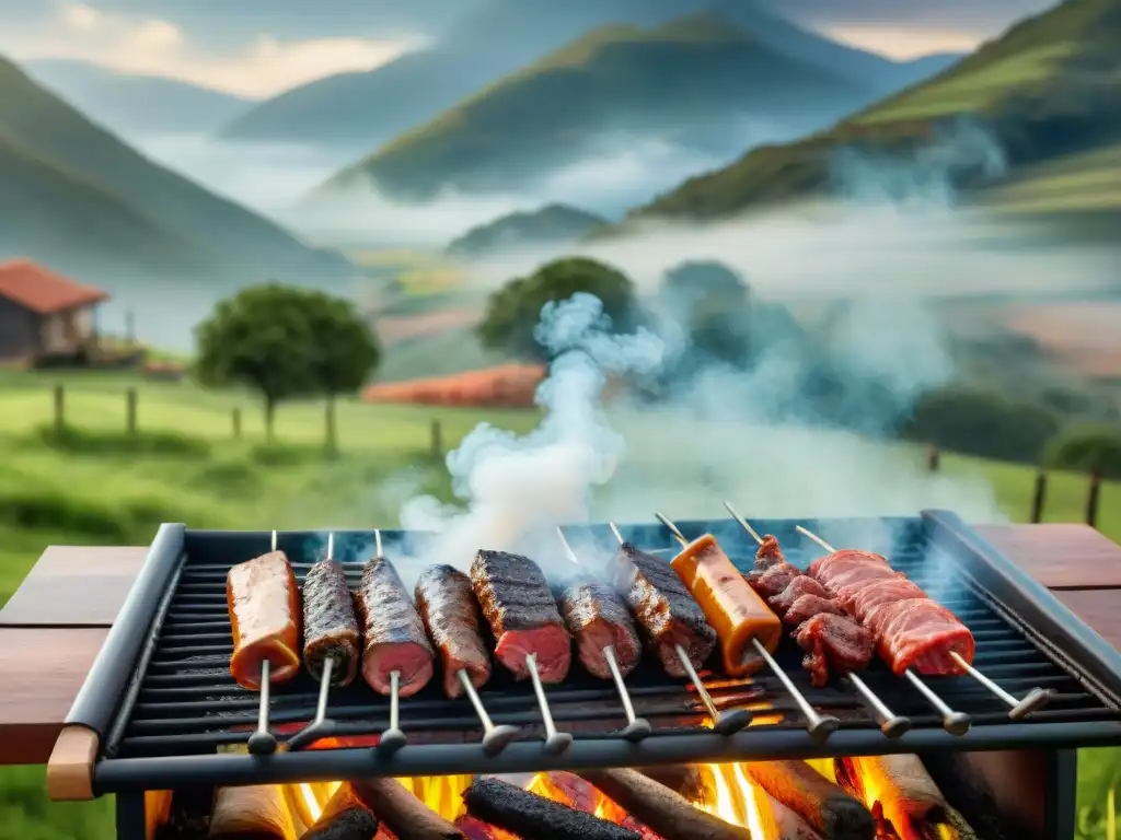 Maridaje visual asado uruguayo: Parrilla rústica cargada con chorizos, morcillas y vacíos, en un entorno campestre con gauchos y colinas verdes