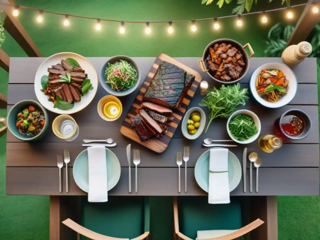 Maridajes internacionales para asado: Mesa de picnic con platos del mundo y vinos, rodeada de plantas y luces