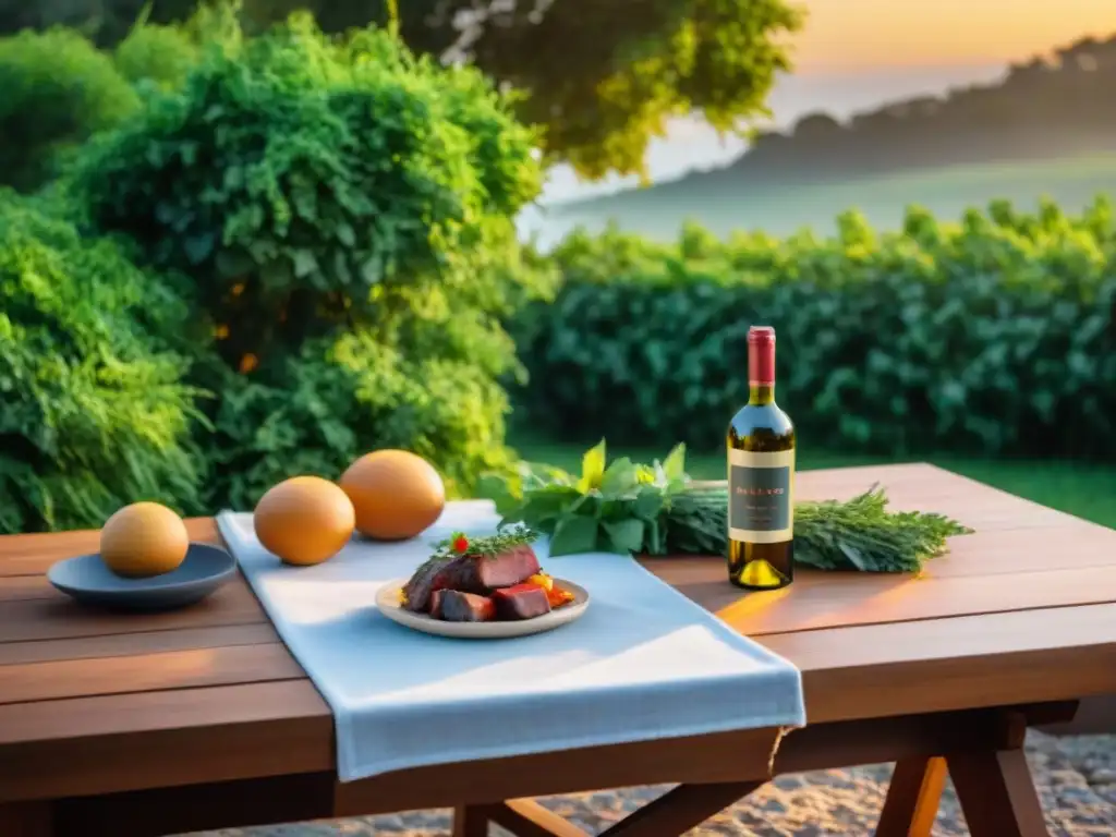 Maridajes internacionales para asado uruguayo en mesa al aire libre al atardecer