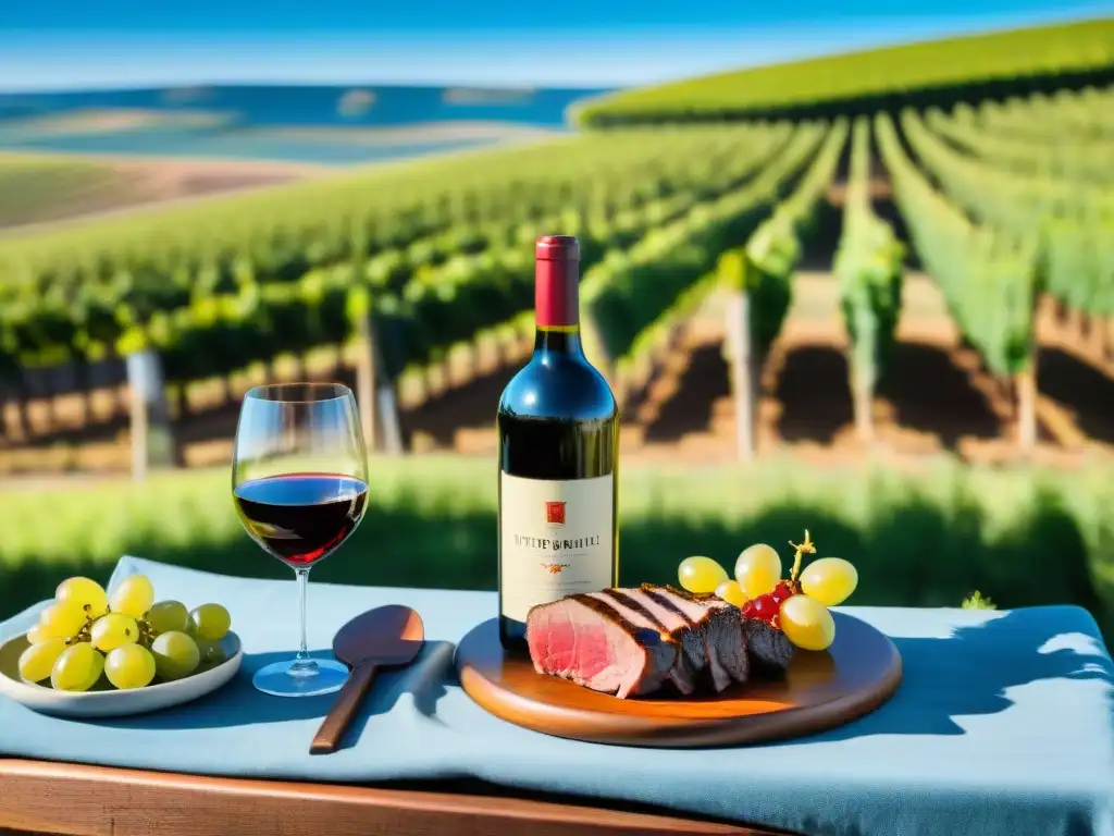 Maridajes de vinos para asados: Viñedo pintoresco en Uruguay, con uvas verdes y mesa rústica de carne asada y vino Tannat