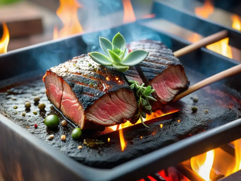 Marinado de carnes para asado: Suculenta carne siendo marinada con hierbas y especias en parrilla uruguaya, evocando tradición y sabor