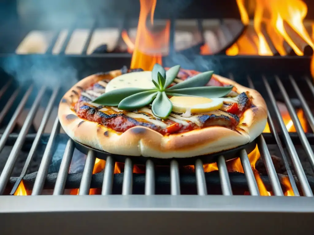 Un matambre a la pizza sobre una parrilla humeante en un día soleado