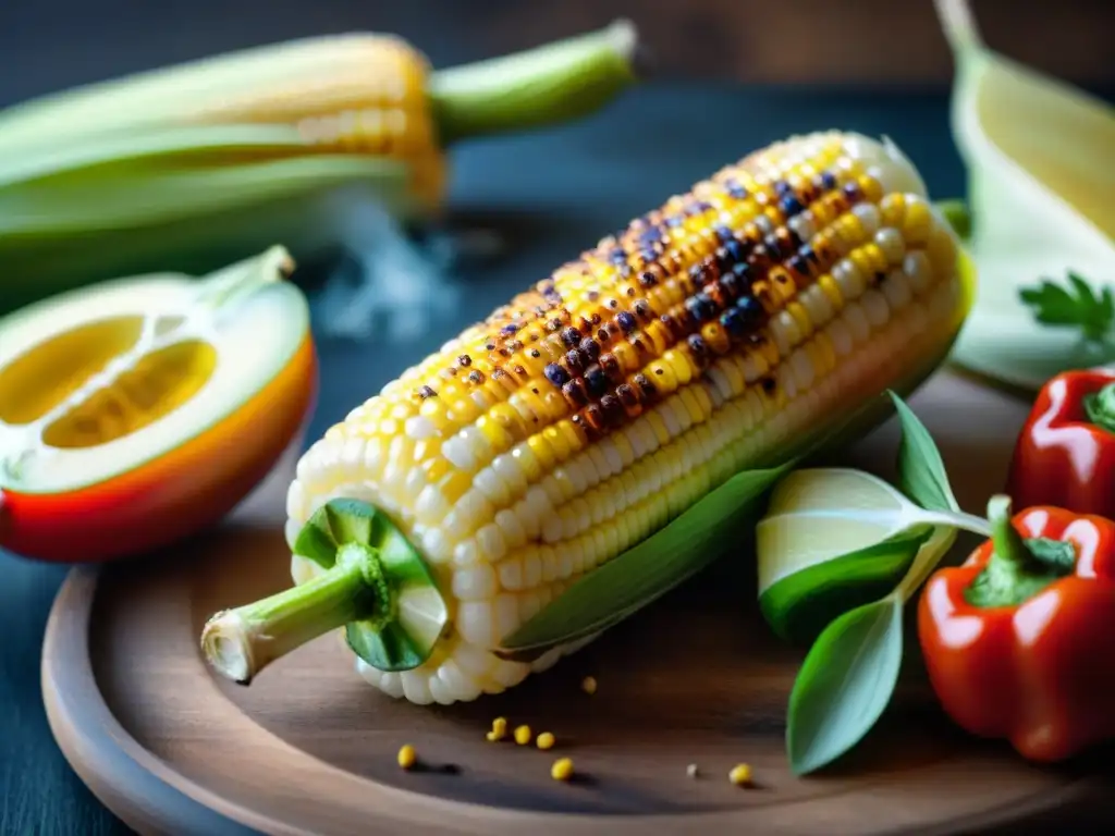 Mazorca de maíz a la parrilla con mantequilla derretida y especias, en una mesa de madera rústica