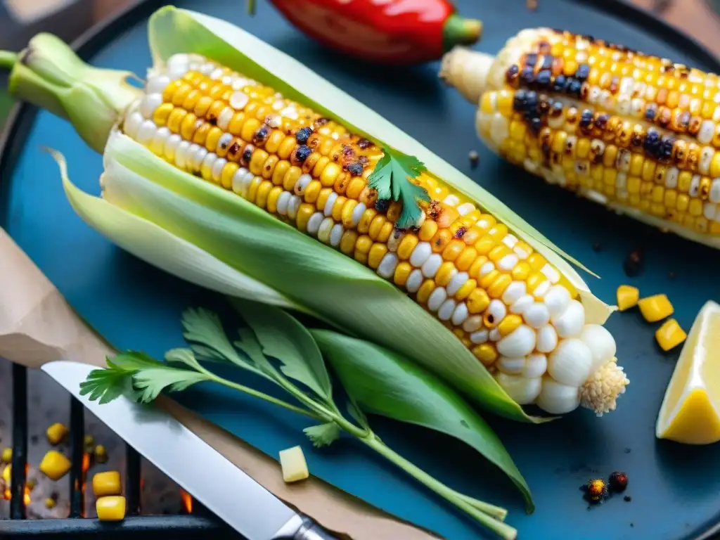 Mazorca de maíz a la parrilla con mantequilla derretida, cilantro y chile en ambiente festivo al aire libre