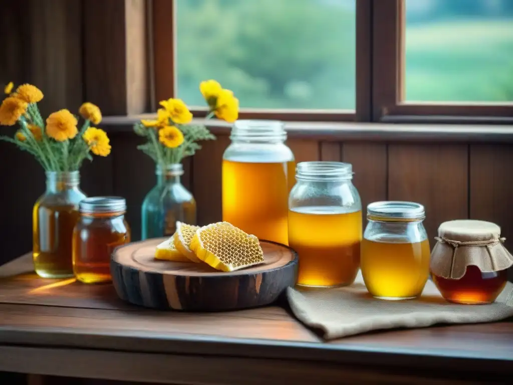 Mead dorado en tarros sobre mesa de madera rústica, rodeado de miel, flores silvestres y equipo de elaboración vintage