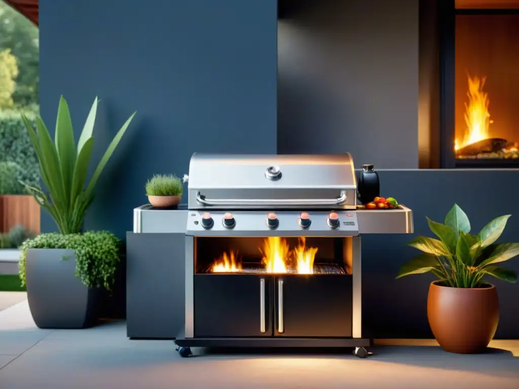 La mejor fuente de calor para asado: un moderno y elegante grill de gas en un patio hermosamente decorado, iluminado por el sol