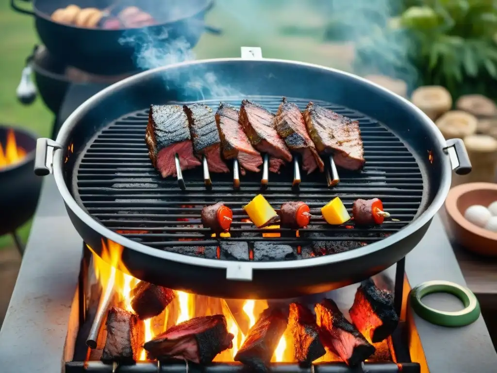 La mejor parrilla para asado uruguayo: detallada imagen de un asador tradicional uruguayo con carne sizzling y brasas brillantes