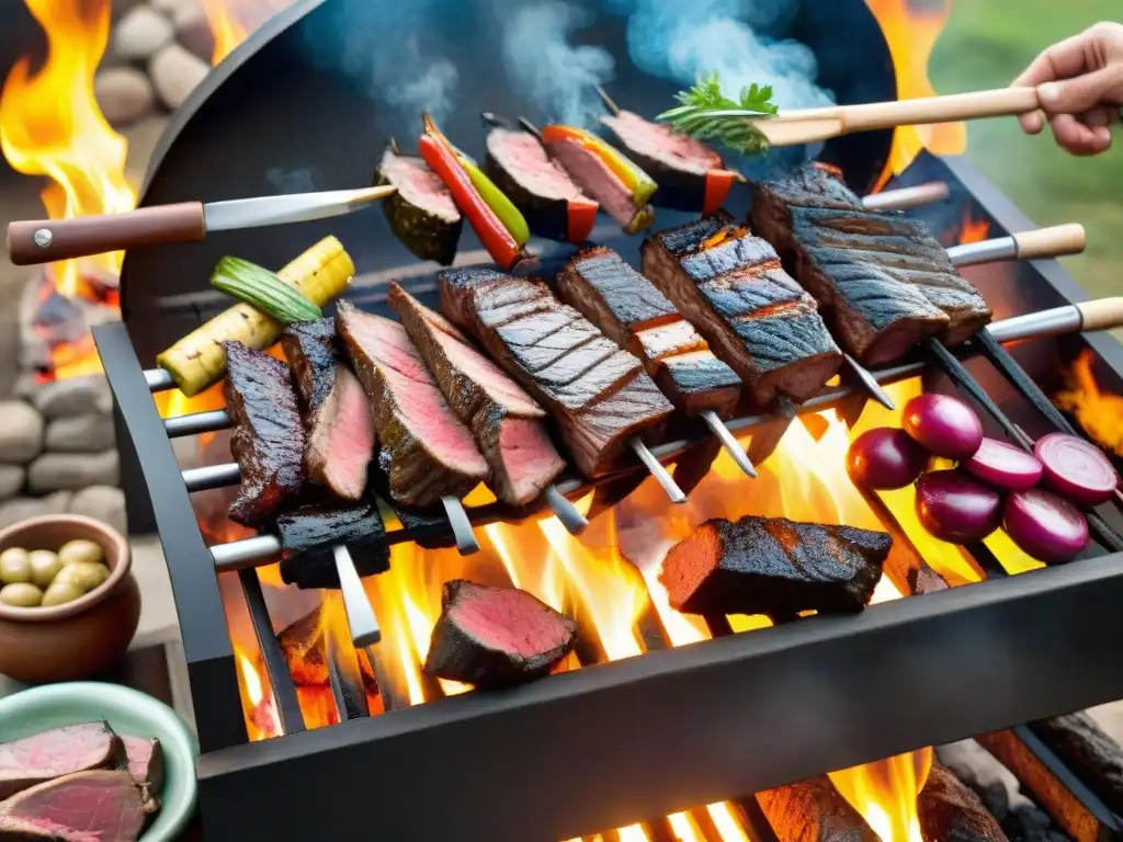 Deléitate con las mejores carnes exóticas para asado en un paisaje uruguayo pintoresco con gauchos preparando la parrilla