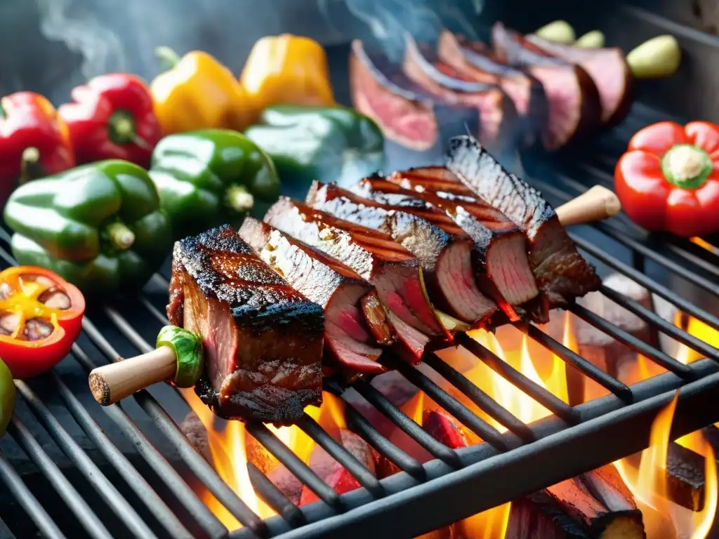 Mejores cortes asado uruguayo en parrilla con carne suculenta, chispeantes llamas y vegetales coloridos